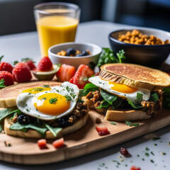 Wall Mural - Top view of a nutritious breakfast with eggs on a board