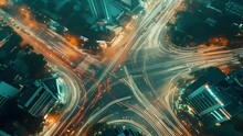 an aerial view of a busy intersection in a large metropolis. a timelapse of traffic turning into bright lines. the dynamics of life. Generative AI