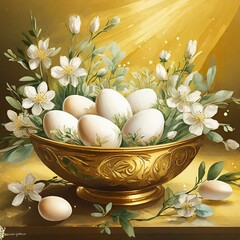 Wall Mural - an elegant digital illustration featuring a refined Easter arrangement. Showcase white eggs nestled in a golden bowl on a warm yellow background, adorned with delicate spring flowers. Emphasize a sens