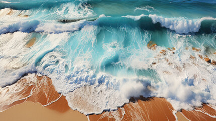 Aerial view of sea waves crashing on sandy beach .