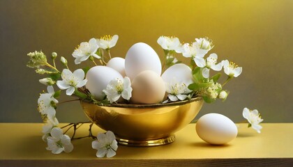 Wall Mural - easter eggs and flower.a charming digital illustration capturing the essence of an elegant Easter arrangement. Feature white eggs arranged in a golden bowl set against a welcoming yellow background, a