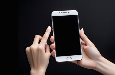 Woman hand holding the black smartphone with blank screen and modern frameless design two positions angled and vertical - isolated on white background