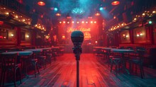 Empty Stage At A Cozy Music Venue With Ambient Lights. Waiting For A Performance. Intimate Concert Setting. Ideal For Event Promotions. AI