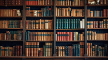 Old Bookshelf With Old Books In The Library, Vintage Background