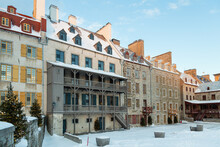 Historic Buildings On Place De Paris In The Petit-Champlain Sector Seen During A Winter Morning, Quebec City, Quebec, Canada