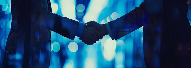 two businessmen shaking their hands with an abstract background. business meeting and partnership concept copy space. generative AI