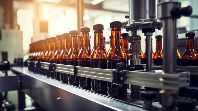 Brewery, bottling beer in glass bottles on conveyor lines. Industrial work, automated modern food and beverage production. AI Generative