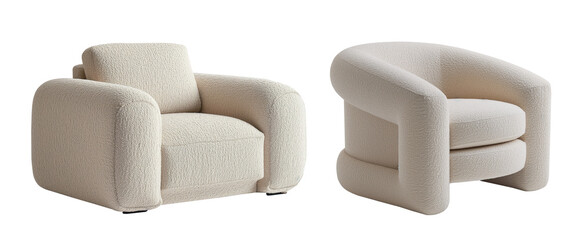 Poster - Set of Isolated White Sofa with a textured boucle fabric, Comfortable Armchair Providing Cozy and Inviting Feel