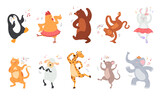 Fototapeta Pokój dzieciecy - Cartoon dancing animals. Zoo characters in birthday party dance poses, happy animal mascot groove isolated vector illustration set