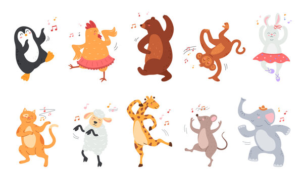 cartoon dancing animals. zoo characters in birthday party dance poses, happy animal mascot groove is