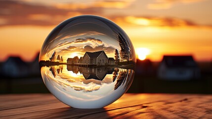 Poster - a ball of glass reflecting the sunset in the style of dreamlike