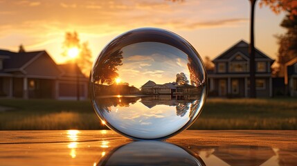 Poster - a ball of glass reflecting the sunset in the style of dreamlike