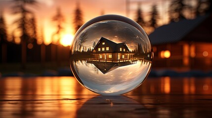 Poster - a ball of glass reflecting the sunset in the style of dreamlike