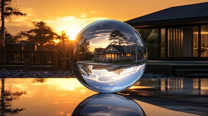 Poster - a ball of glass reflecting the sunset in the style of dreamlike