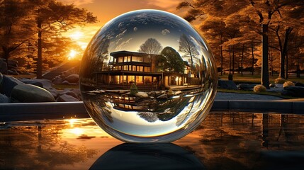 Poster - a ball of glass reflecting the sunset in the style of dreamlike