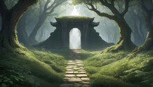 Gate Of An Old Ruin Leading To A Misty Forest