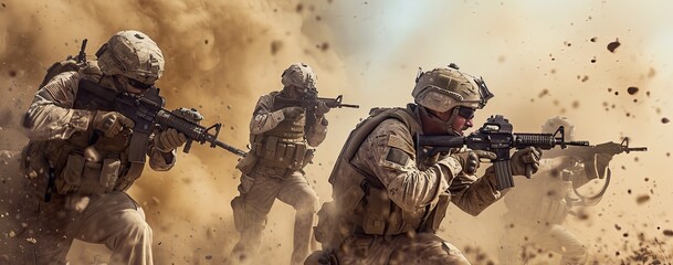 Wall Mural - Special Operations soldiers maneuvering across a war-ravaged area.