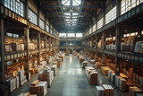 Fototapeta Mosty linowy / wiszący - Interior of a modern warehouse storage of retail shop with  near shelves