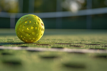 Wall Mural - Green pickleball ball close-up on a pickleball court, with space for text