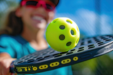 Wall Mural - Pickleball ball and paddle on a pickleball court, with a smiling player in the background