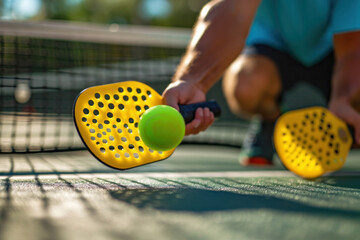 Wall Mural - Yellow pickleball ball with paddle close-up on a pickleball court, with space for text