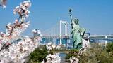 Fototapeta  - 自由の女神像とレインボーブリッジ，満開の桜