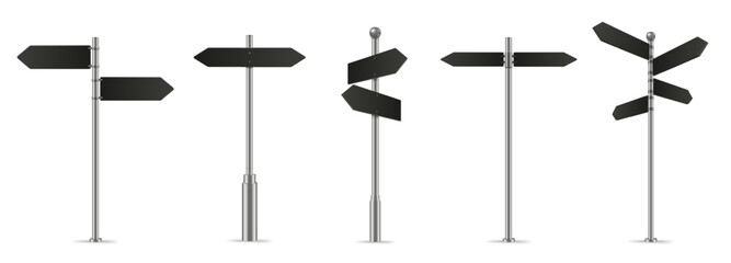 Poster - Finger Post. 3D wayfinding sign, black multi directional fingerposts isolated realistic vector illustration set