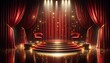 Glamorous Stage with Red Velvet Curtains and Sparkling Golden Lights