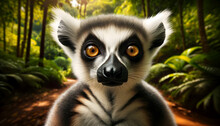 A Close-up Front View Of A Ring-tailed Lemur On A Madagascar Forest Background