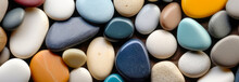Top View Of Bright, Contrasting, Multi-colored Sea Stone Pebbles. Natural Textured Background. Banner.