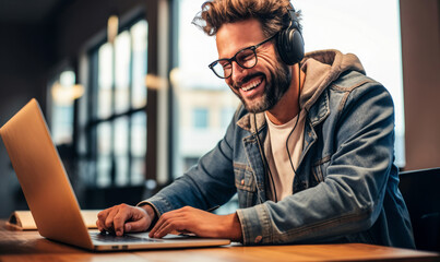 Poster - Smiling man with glasses working on a laptop in a bright office, wearing earphones and leaning forward in a casual denim jacket