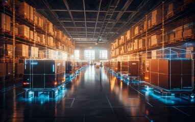 Poster - futuristic automated warehouse interior with digital inventory holograms, glowing lines, and autonom