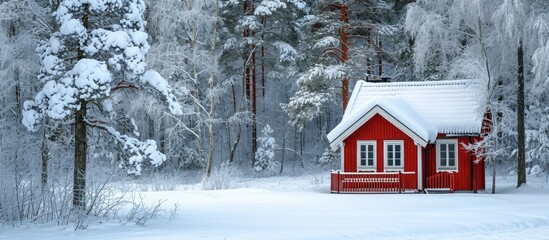 Wall Mural - Red Swedish winter cottage in magical snow-covered forest. Space for text.