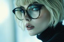 The Image Features A Close-up Of A Blonde Model With Blue Eyes Wearing Glasses And A Nose Ring. She Has A Serious Expression And Is Wearing A Black Turtle Neck. The Background Is A Gradient Of Blue.