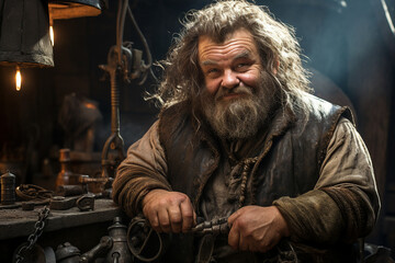 Poster - Generative ai picture collage of aged  dwarf warrior with beard forging weapon in tent