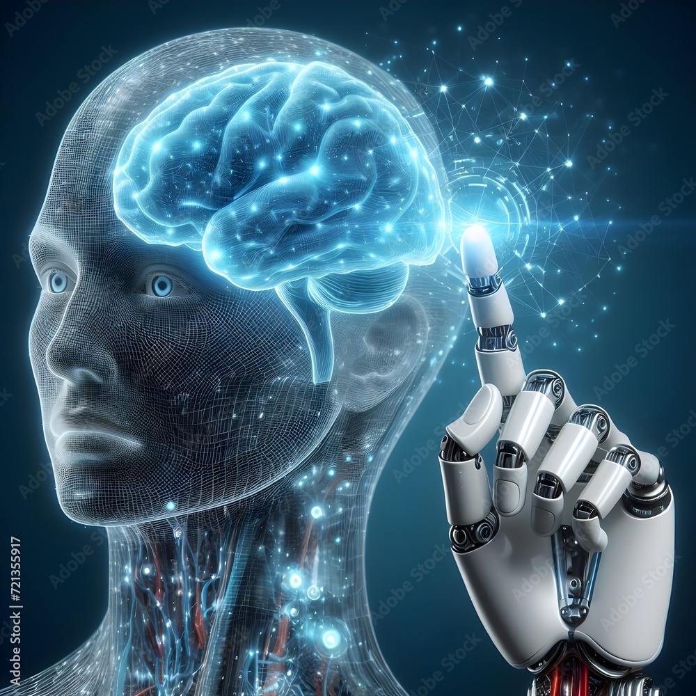 Deep Learning Human Machine Robot hand touching a human brain, depicting machine learning ,data ...
