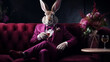 Rabbit as an aristocrat. elegant easter bunny in a suit holding cocktail, in an elegant room with opulent architecture. Concept: easter holidays, funny and original concept.
