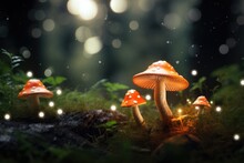 A Cluster Of Mushrooms Rests Peacefully In The Lush Green Grass., Mushrooms In The Forest With A Bokeh Background, 3D Rendering, AI Generated