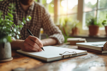 Casual man hand with a pen writing on paper notebook on table at home.Generative AI.