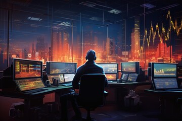 Poster - a man sits in front of several computer monitors, focused on his work., oil and gas trading floor wi