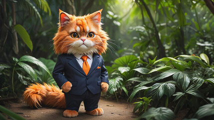 Wall Mural - Orange cat dressed in a suit and tie standing in a jungle area with plants and trees around it like a businessman