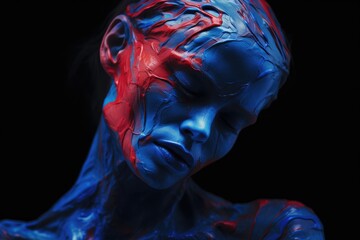 Poster - A woman with blue and red paint on her face, creating a vibrant and striking artistic expression., Pain highlighted in blue and red in persons body, AI Generated