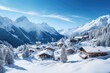 A picturesque snowy mountain rises in the background while a small village sits in the foreground., Panoramic view of village in winter, mountain landscape on Christmas, AI Generated
