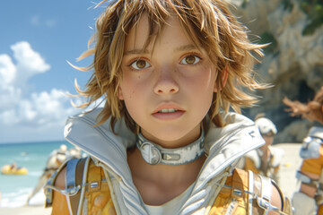 Wall Mural - Portrait of a boy with blond hair on the background of the sea