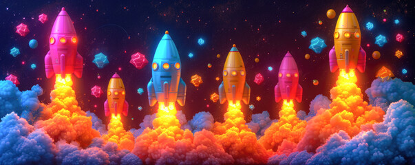 Wall Mural - Space rocket in the night sky. 3d illustration. Space travel concept.