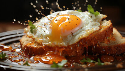 Poster - Grilled pork, fried egg, fresh vegetables, healthy meal outdoors generated by AI