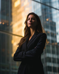 Confident Businesswoman Posing Triumphantly In Corporate High-Rise, Cityscape Backdrop, Elegant Professional, Successful Female Leader, Empowered Stance, Assertive Entrepreneur, Modern Feminine Leader