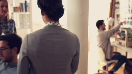 Aufkleber - Walking in workplace, business people and woman with teamwork and office with technology and conversation. Staff, coworkers and group with administrator, manager and creative agency with planning