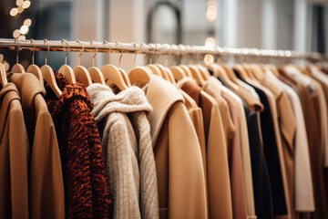 women's clothing on hangers in a fashion store. Shallow depth of field