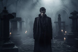 Fototapeta  - Portrait of stylish handsome vampire man on graveyard. Generative AI